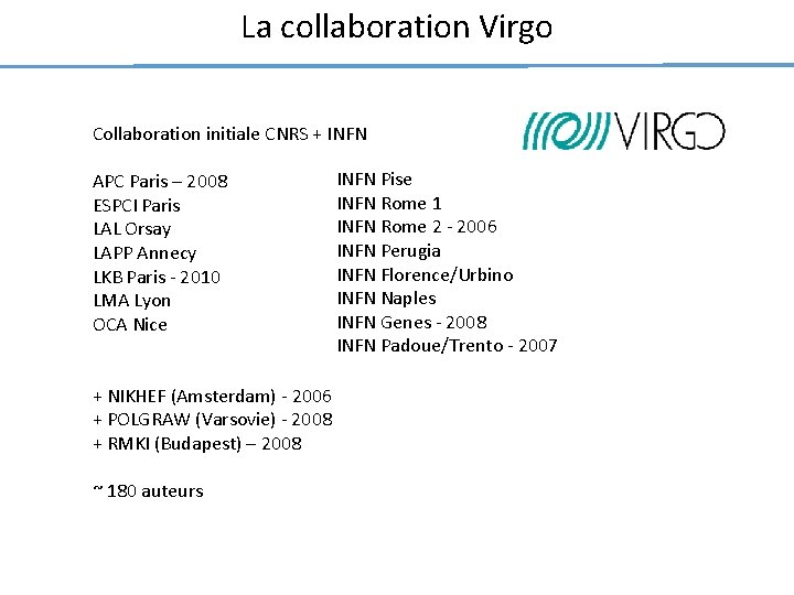 La collaboration Virgo Collaboration initiale CNRS + INFN APC Paris – 2008 ESPCI Paris