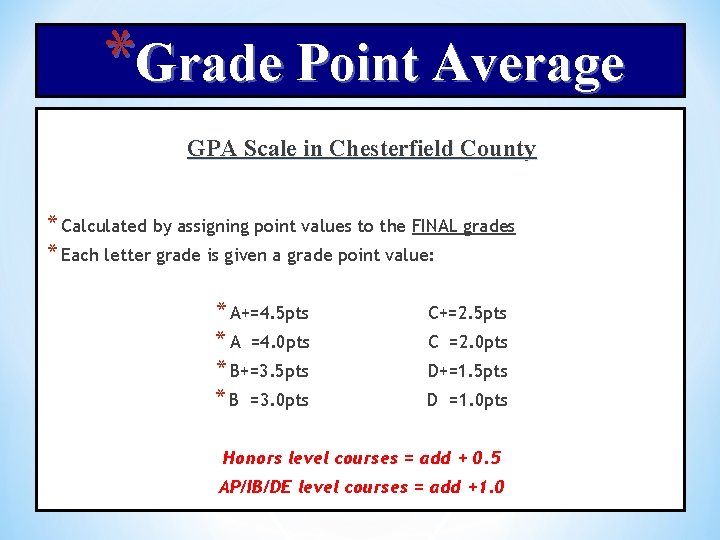 *Grade Point Average GPA Scale in Chesterfield County * Calculated by assigning point values