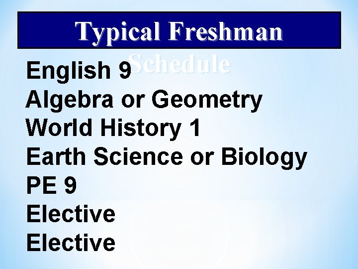 Typical Freshman English 9 Schedule Algebra or Geometry World History 1 Earth Science or