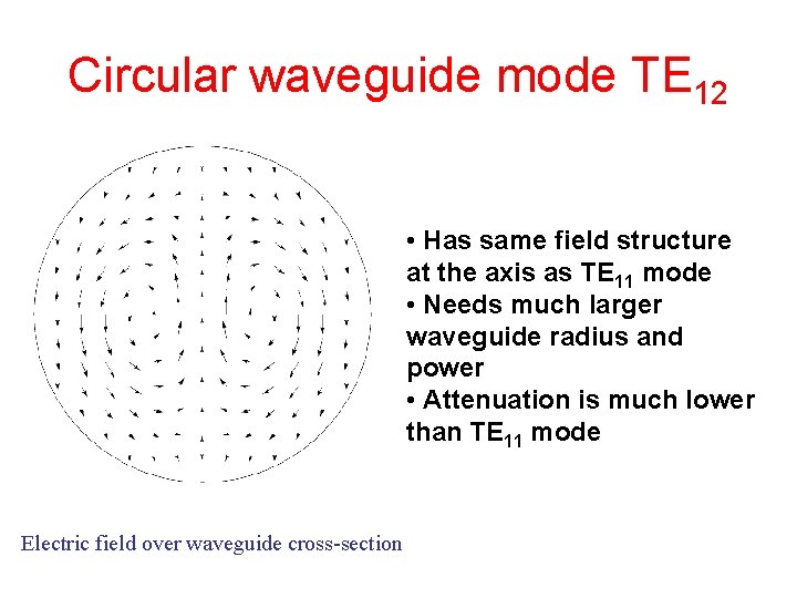 Circular waveguide mode TE 12 • Has same field structure at the axis as