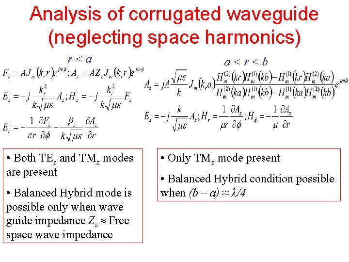 Analysis of corrugated waveguide (neglecting space harmonics) r<a • Both TEz and TMz modes