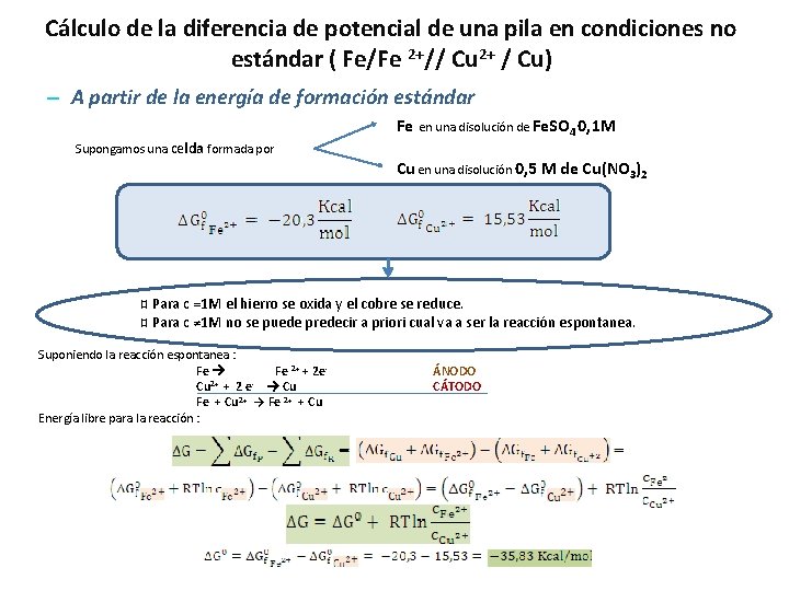 Cálculo de la diferencia de potencial de una pila en condiciones no 2+// Cu