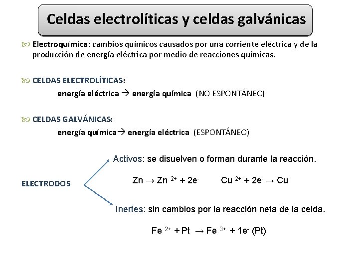 Celdas electrolíticas y celdas galvánicas Electroquímica: cambios químicos causados por una corriente eléctrica y