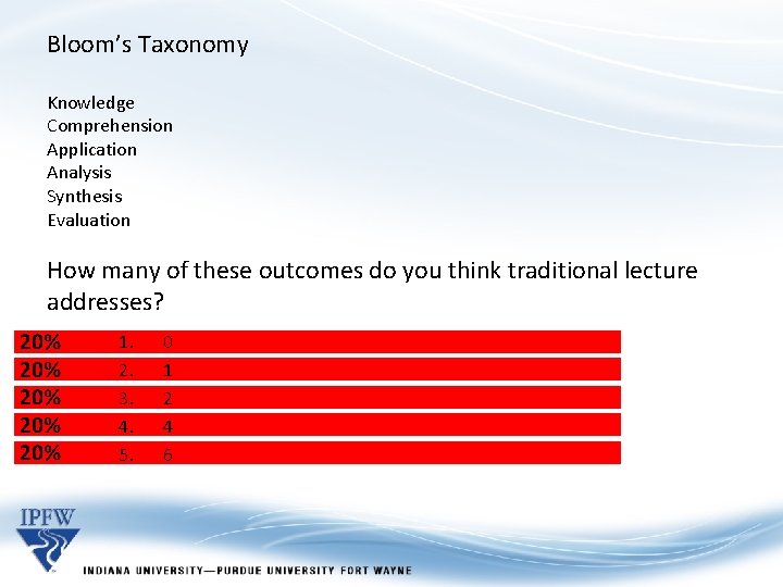 Bloom’s Taxonomy Knowledge Comprehension Application Analysis Synthesis Evaluation How many of these outcomes do Bloom’s Taxonomy Knowledge Comprehension Application Analysis Synthesis Evaluation How many of these outcomes do