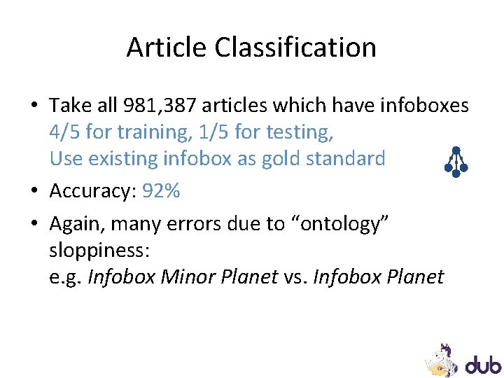 Article Classification • Take all 981, 387 articles which have infoboxes 4/5 for training, Article Classification • Take all 981, 387 articles which have infoboxes 4/5 for training,