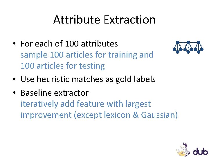 Attribute Extraction • For each of 100 attributes sample 100 articles for training and Attribute Extraction • For each of 100 attributes sample 100 articles for training and