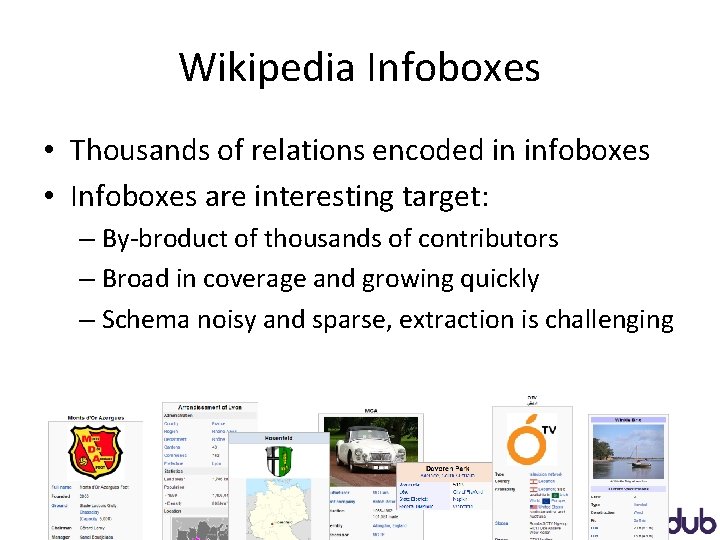 Wikipedia Infoboxes • Thousands of relations encoded in infoboxes • Infoboxes are interesting target: Wikipedia Infoboxes • Thousands of relations encoded in infoboxes • Infoboxes are interesting target: