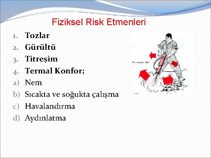 Fiziksel Risk Etmenleri 1. 2. 3. 4. a) b) c) d) Tozlar Gürültü Titreşim