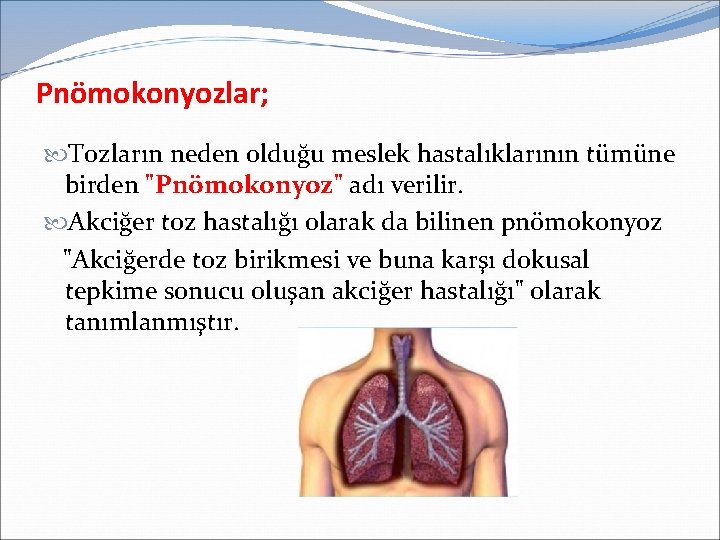 Pnömokonyozlar; Tozların neden olduğu meslek hastalıklarının tümüne birden "Pnömokonyoz" adı verilir. Akciğer toz hastalığı