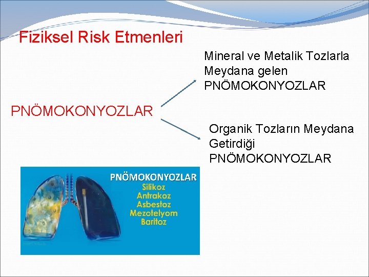 Fiziksel Risk Etmenleri Mineral ve Metalik Tozlarla Meydana gelen PNÖMOKONYOZLAR Organik Tozların Meydana Getirdiği