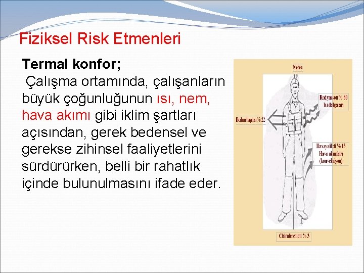 Fiziksel Risk Etmenleri Termal konfor; Çalışma ortamında, çalışanların büyük çoğunluğunun ısı, nem, hava akımı