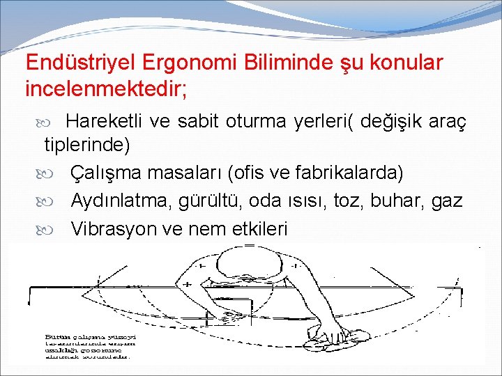 Endüstriyel Ergonomi Biliminde şu konular incelenmektedir; Hareketli ve sabit oturma yerleri( değişik araç tiplerinde)