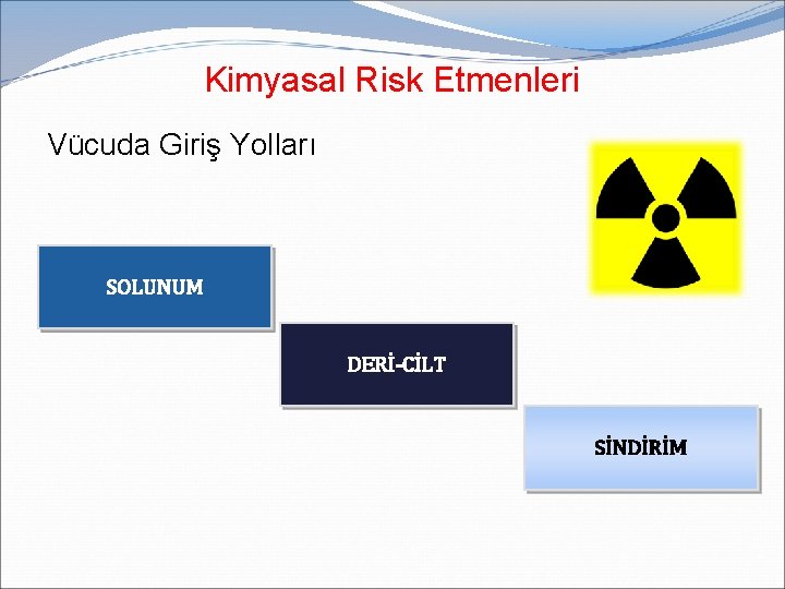 Kimyasal Risk Etmenleri Vücuda Giriş Yolları SOLUNUM DERİ-CİLT SİNDİRİM 