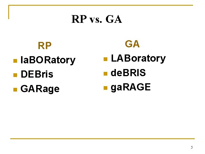 RP vs. GA RP n la. BORatory n DEBris n GARage GA n LABoratory RP vs. GA RP n la. BORatory n DEBris n GARage GA n LABoratory