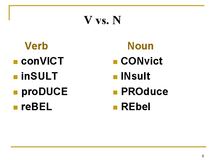 V vs. N Verb n con. VICT n in. SULT n pro. DUCE n V vs. N Verb n con. VICT n in. SULT n pro. DUCE n
