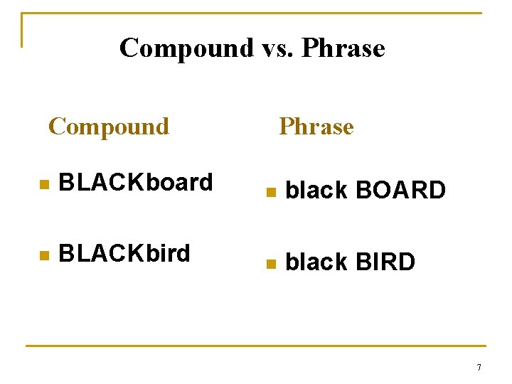 Compound vs. Phrase Compound Phrase n BLACKboard n black BOARD n BLACKbird n black Compound vs. Phrase Compound Phrase n BLACKboard n black BOARD n BLACKbird n black