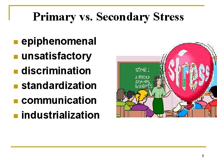 Primary vs. Secondary Stress epiphenomenal n unsatisfactory n discrimination n standardization n communication n Primary vs. Secondary Stress epiphenomenal n unsatisfactory n discrimination n standardization n communication n