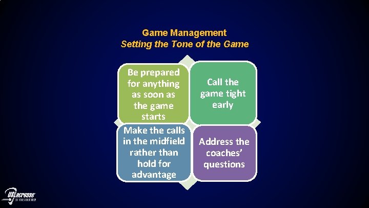 Game Management Setting the Tone of the Game Be prepared for anything as soon