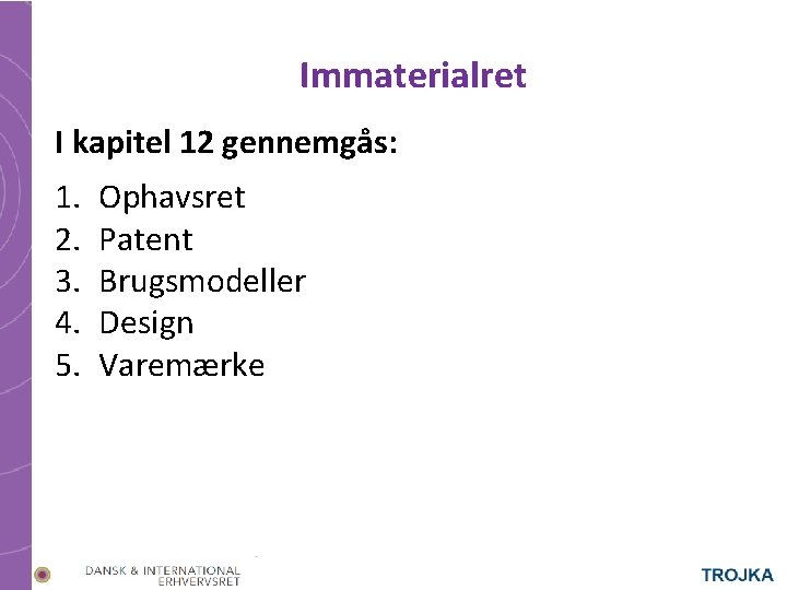Immaterialret I kapitel 12 gennemgås: 1. 2. 3. 4. 5. Ophavsret Patent Brugsmodeller Design