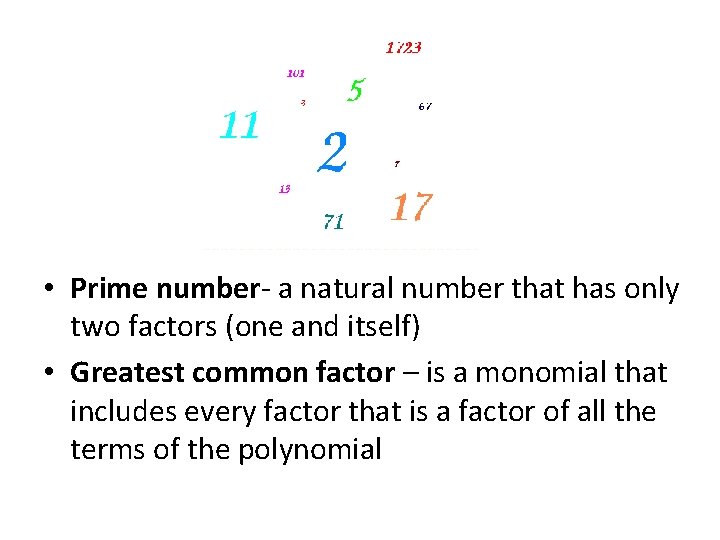  • Prime number- a natural number that has only two factors (one and