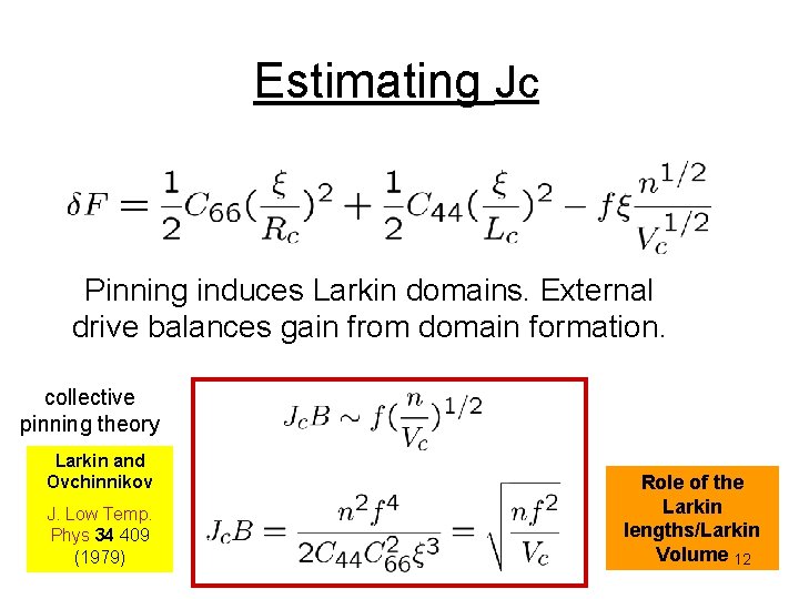 Estimating Jc Pinning induces Larkin domains. External drive balances gain from domain formation. collective