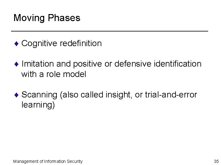 Moving Phases ¨ Cognitive redefinition ¨ Imitation and positive or defensive identification with a