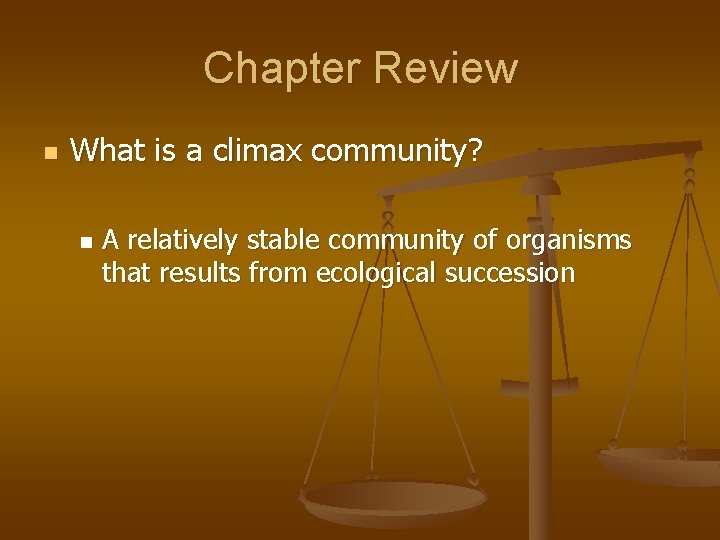 Chapter Review n What is a climax community? n A relatively stable community of