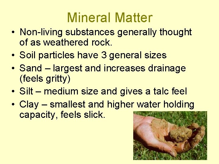 Mineral Matter • Non-living substances generally thought of as weathered rock. • Soil particles