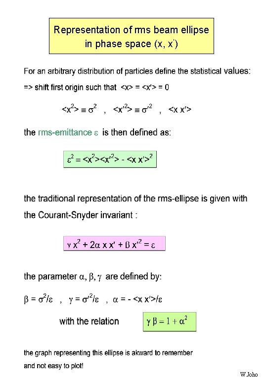Representation of rms beam ellipse in phase space (x, x‘) W. Joho 