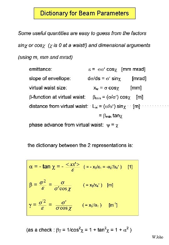 Dictionary for Beam Parameters W. Joho 