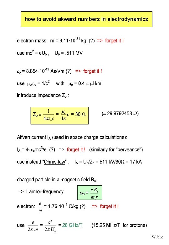 how to avoid akward numbers in electrodynamics W. Joho 