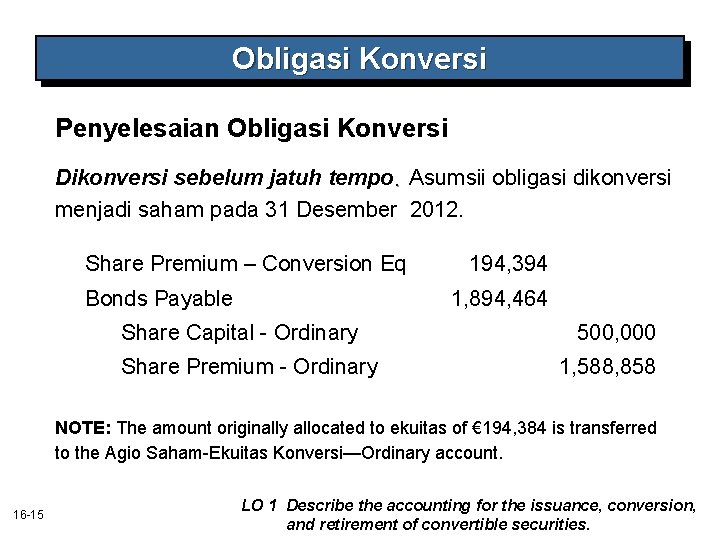 Obligasi Konversi Penyelesaian Obligasi Konversi Dikonversi sebelum jatuh tempo. Asumsii obligasi dikonversi menjadi saham