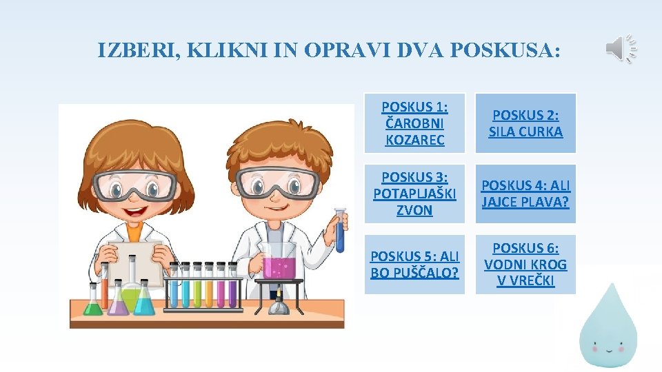 IZBERI, KLIKNI IN OPRAVI DVA POSKUSA: POSKUS 1: ČAROBNI KOZAREC POSKUS 2: SILA CURKA