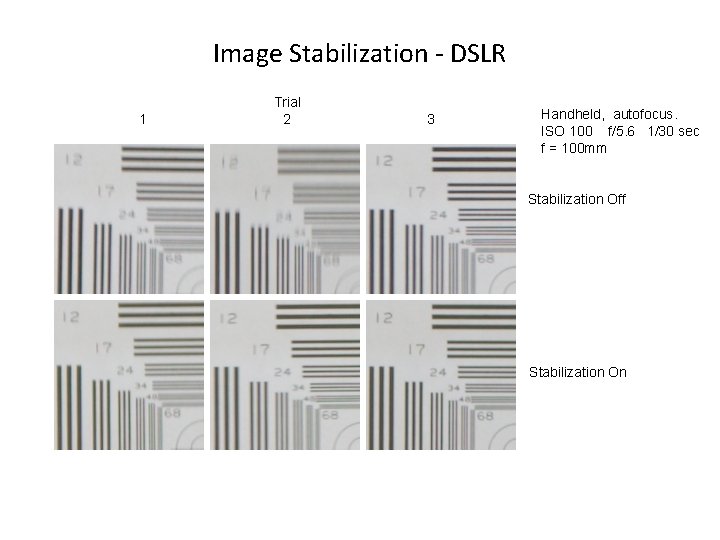 Image Stabilization - DSLR 1 Trial 2 3 Handheld, autofocus. ISO 100 f/5. 6