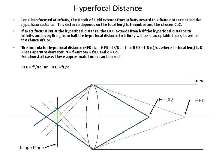 Hyperfocal Distance • For a lens focused at infinity, the Depth of Field extends