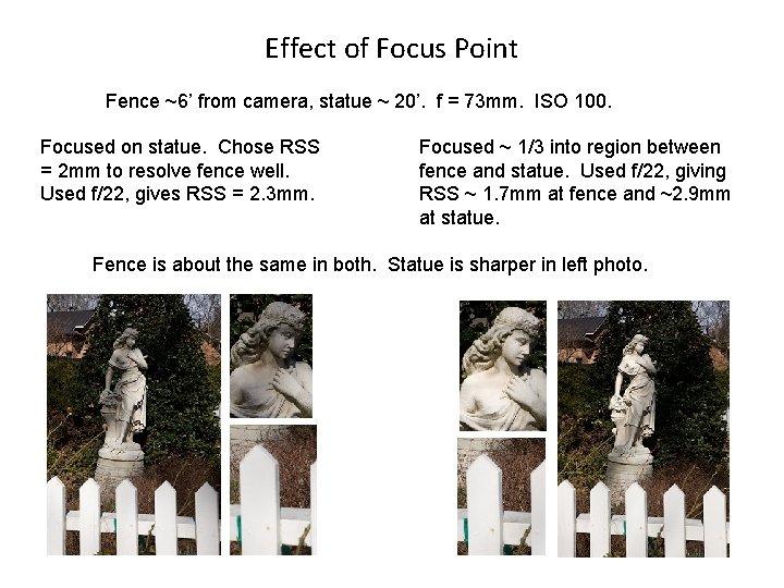 Effect of Focus Point Fence ~6’ from camera, statue ~ 20’. f = 73