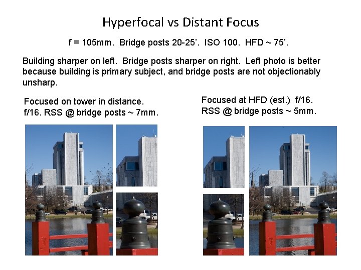 Hyperfocal vs Distant Focus f = 105 mm. Bridge posts 20 -25’. ISO 100.