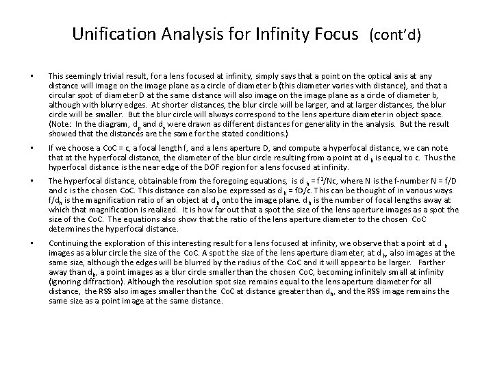 Unification Analysis for Infinity Focus (cont’d) • This seemingly trivial result, for a lens