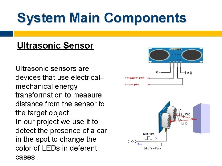 System Main Components Ultrasonic Sensor Ultrasonic sensors are devices that use electrical– mechanical energy