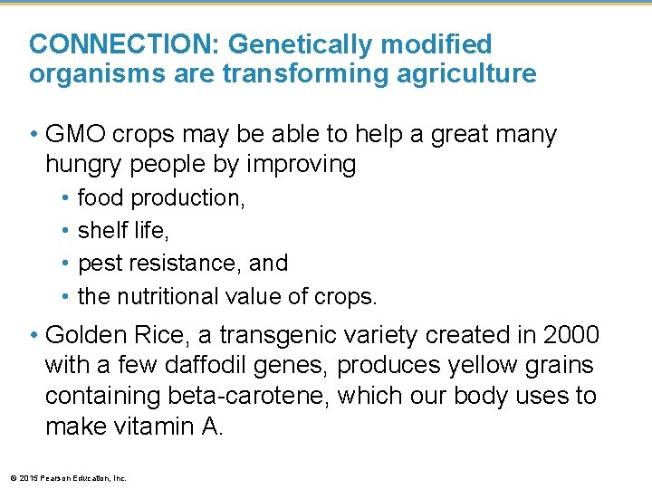 CONNECTION: Genetically modified organisms are transforming agriculture • GMO crops may be able to