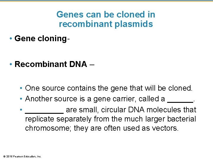 Genes can be cloned in recombinant plasmids • Gene cloning • Recombinant DNA –