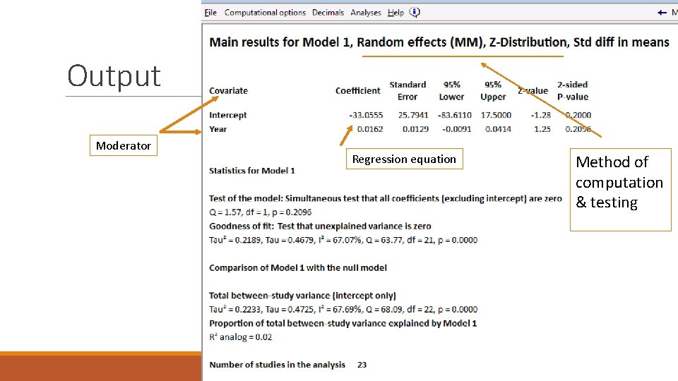 Output Moderator Regression equation Method of computation & testing 