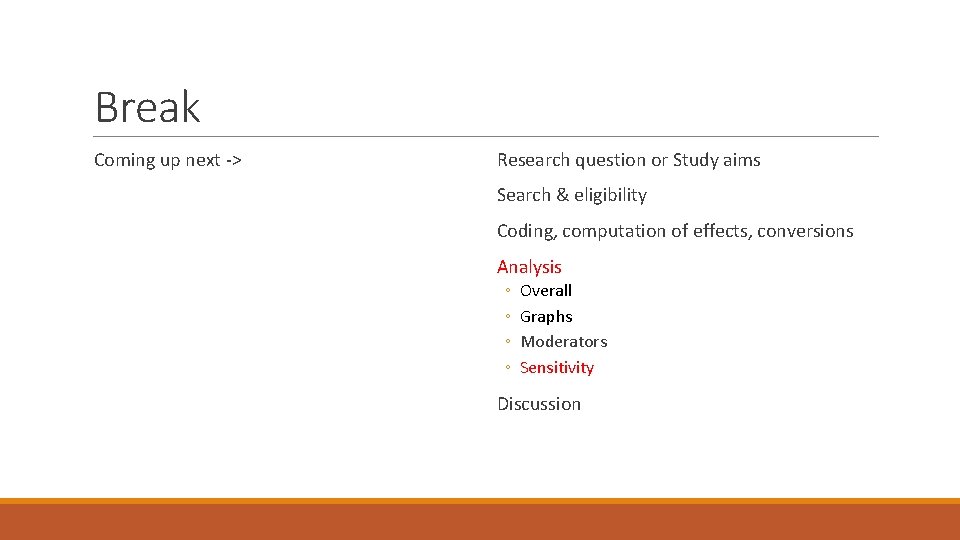 Break Coming up next -> Research question or Study aims Search & eligibility Coding,