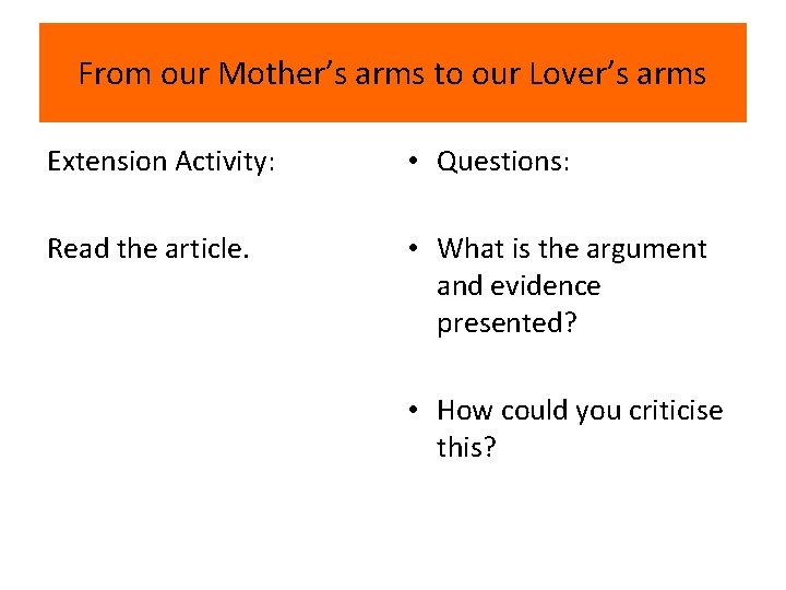 From our Mother’s arms to our Lover’s arms Extension Activity: • Questions: Read the