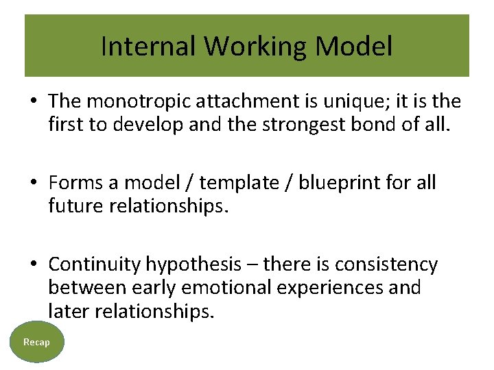 Internal Working Model • The monotropic attachment is unique; it is the first to