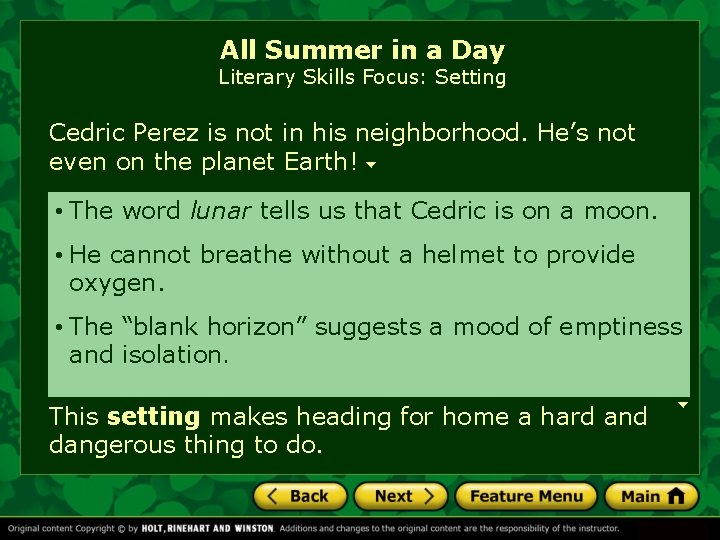 All Summer in a Day Literary Skills Focus: Setting Cedric Perez is not in