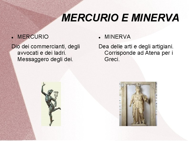 MERCURIO E MINERVA MERCURIO Dio dei commercianti, degli avvocati e dei ladri. Messaggero degli