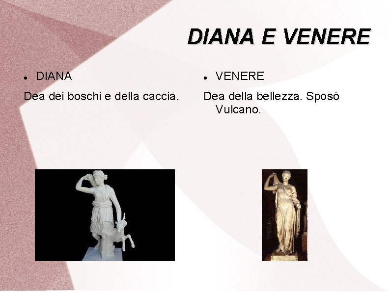 DIANA E VENERE DIANA Dea dei boschi e della caccia. VENERE Dea della bellezza.