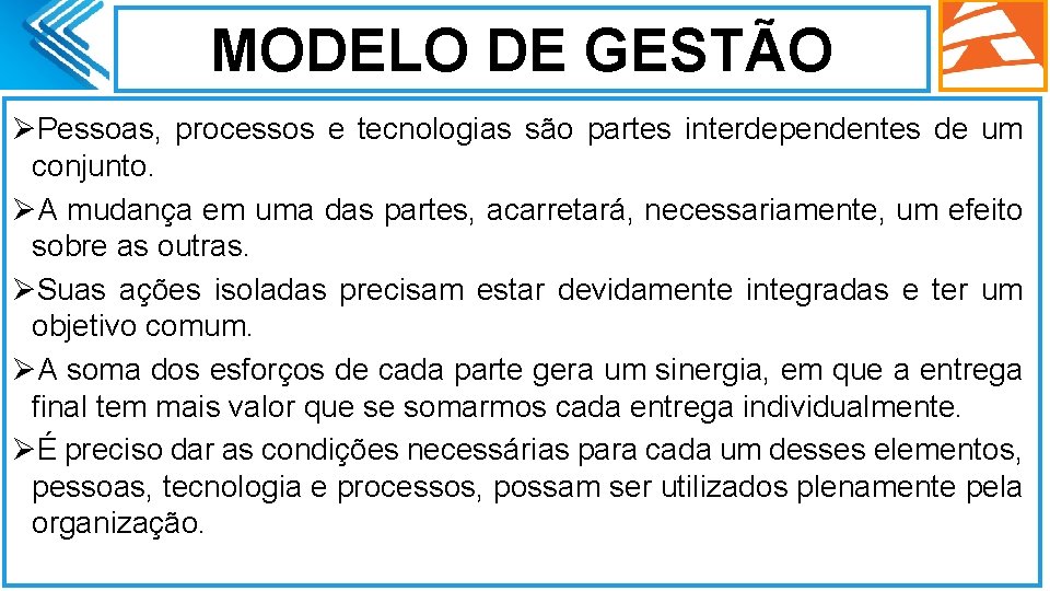 MODELO DE GESTÃO ØPessoas, processos e tecnologias são partes interdependentes de um conjunto. ØA