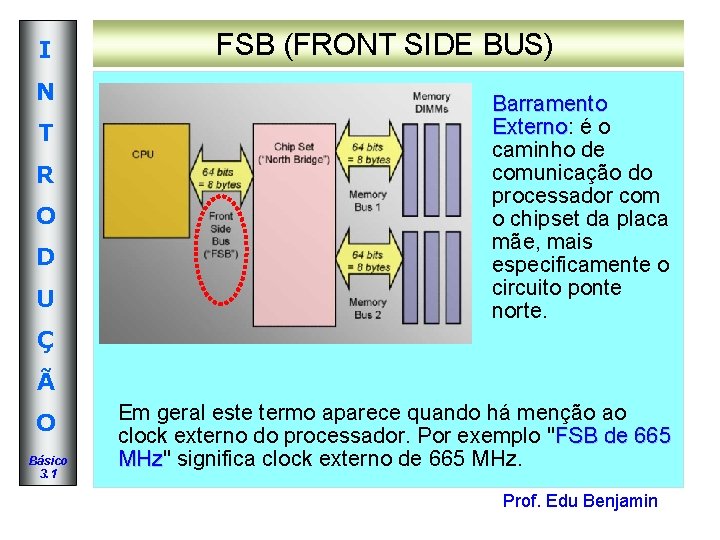 I N T R O D U FSB (FRONT SIDE BUS) Barramento Externo: é I N T R O D U FSB (FRONT SIDE BUS) Barramento Externo: é